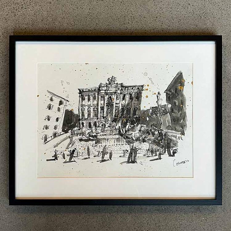 Рисунок тушью с золотом Фонтан Треви Fontana Di Trevi Drawing With Gold
