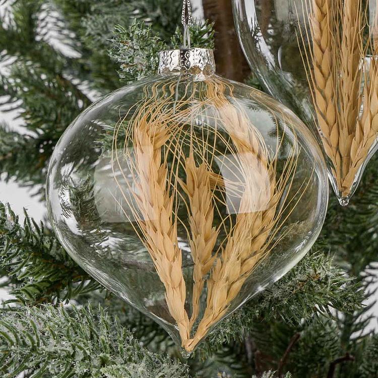 Набор из трёх ёлочных игрушек с колосьями внутри Set Of 3 Glass Dried Ear Of Corn Ball Clear 10 cm