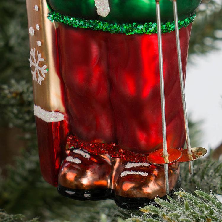 Набор из двух ёлочных игрушек Санты с лыжами Set Of 2 Glass Santas With Skis Red Green 15 cm