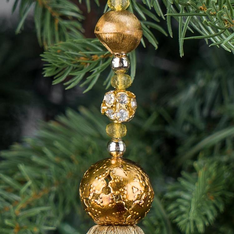 Новогодняя подвеска из бусин золотисто-зелёная с кисточкой  Beads Pendant With Tassel Gold Green 19 cm