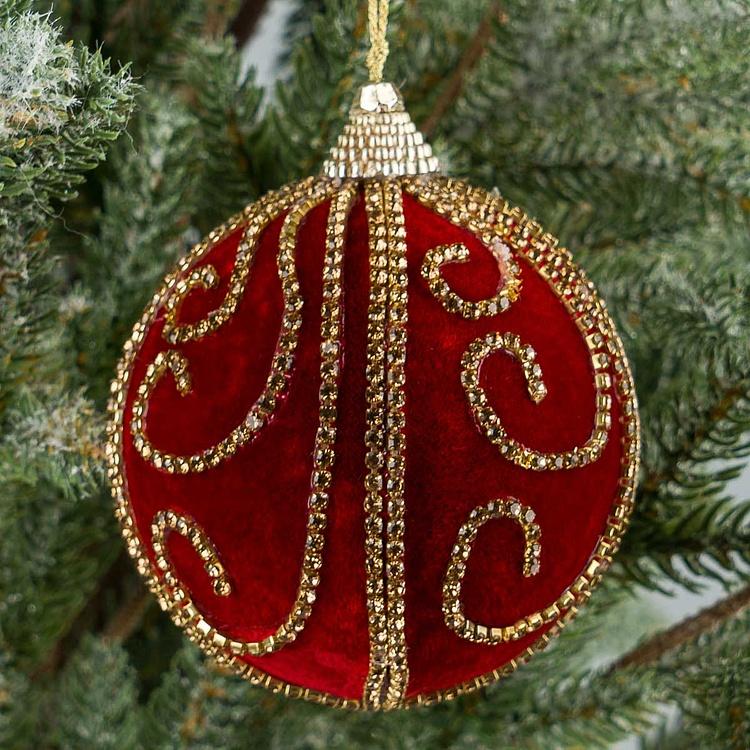 Ёлочная игрушка Красный бархатный шар с узором из страз Rhinestone Pattern Velvet Ball Red 10 cm