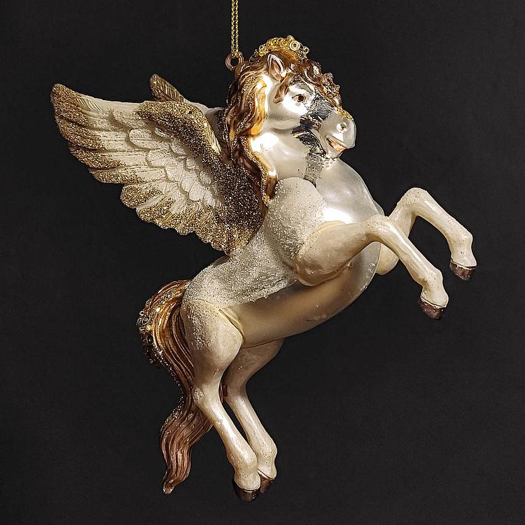 Ёлочная игрушка Фэнтезийный единорог с крыльями дисконт1 Glass Fantasy Unicorn With Wings White/Gold 15 cm discount1