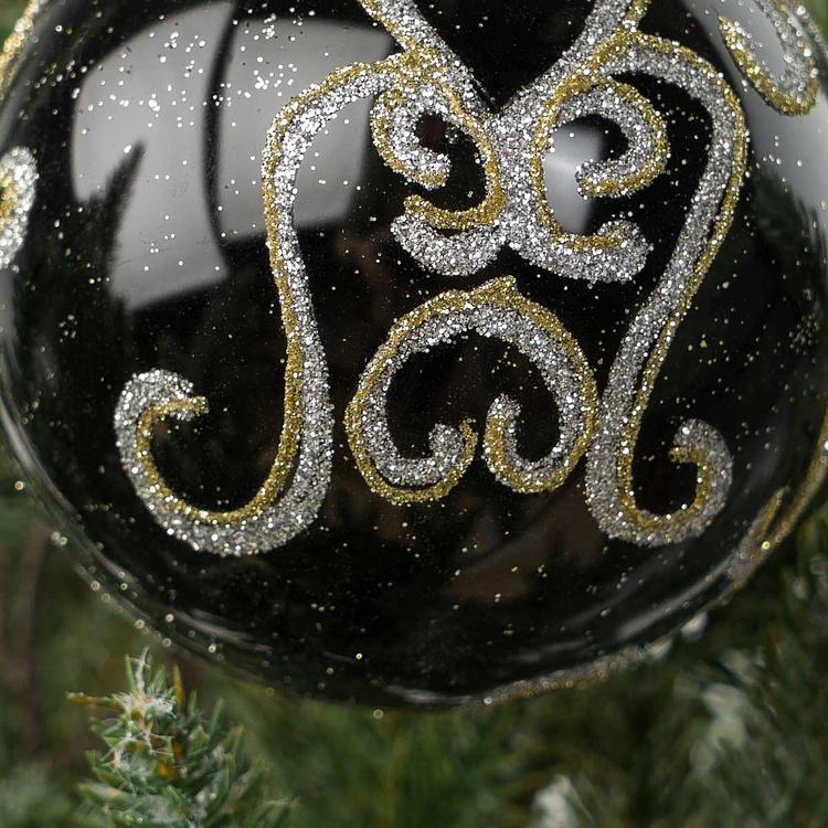 Ёлочная игрушка Чёрный шар с золотистым витиеватым узором Pattern Ball Black 10 cm