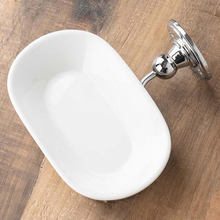 Настенная овальная белая мыльница в подставке цвета хром Soap Dish Chrome And White