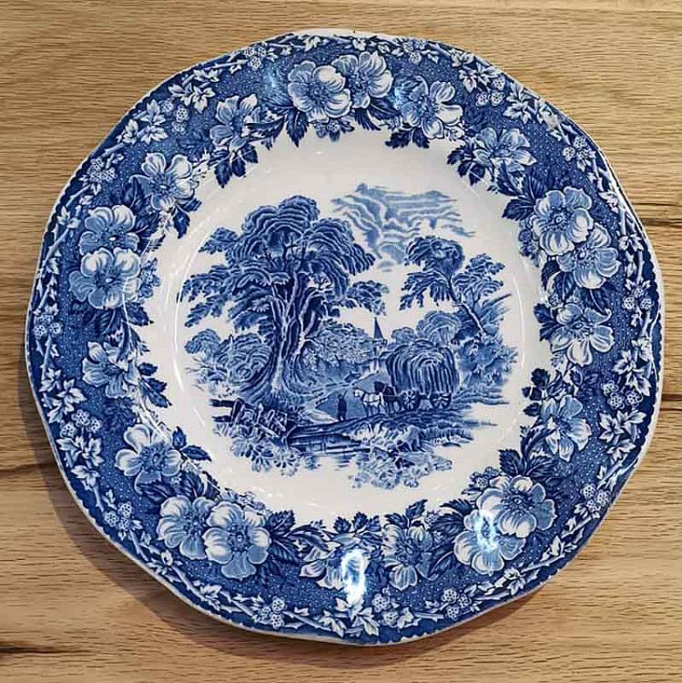 Винтажная тарелка белая с голубым мотивом 25, L Vintage Plate Blue White Large 25