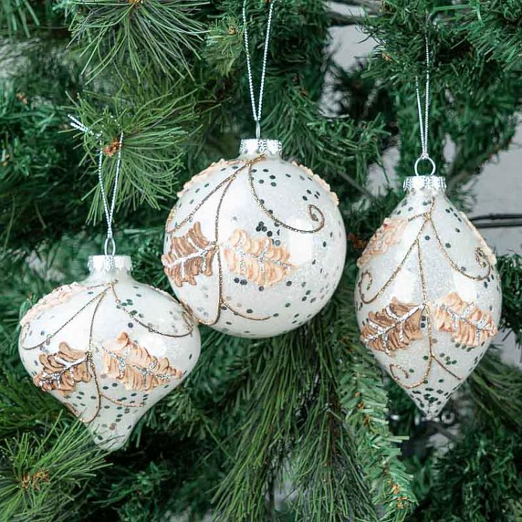 Набор из трёх ёлочных игрушек с листочками Set Of 3 Glass Leaf Balls White 14,5 cm