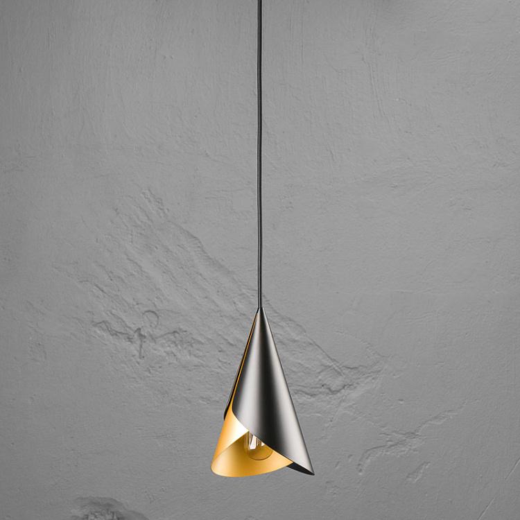 Чёрно-латунный подвесной светильник Рожок на чёрном проводе с плоским потолочным колпаком Cornet Black Brass With Black Cord Rosette