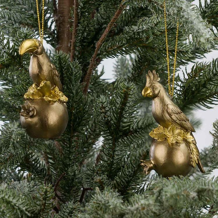 Набор из двух ёлочных игрушек Попугай и тукан на плодах граната Set Of 2 Parrots On Pomegranate Gold 9 cm