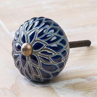 Мебельная ручка Etched Dark Blue Dahlia Ceramic Knob