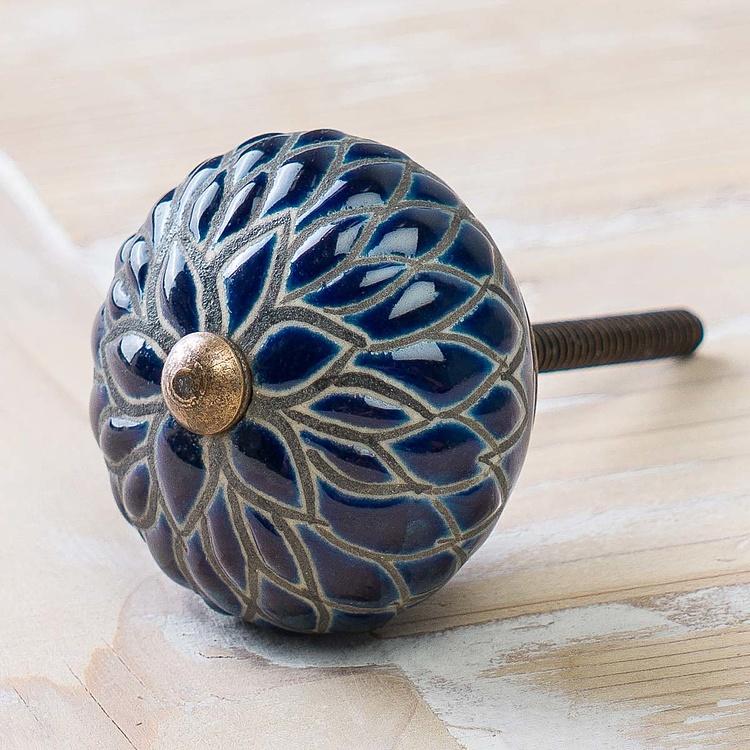 Керамическая мебельная ручка Синий георгин Etched Dark Blue Dahlia Ceramic Knob