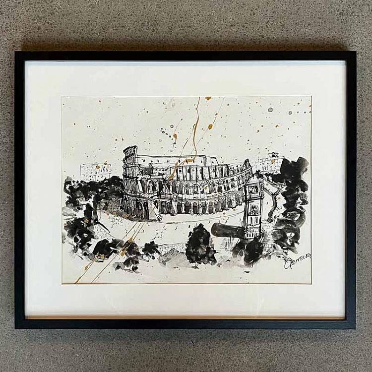 Рисунок тушью с золотом Колизей Colosseo Drawing With Gold