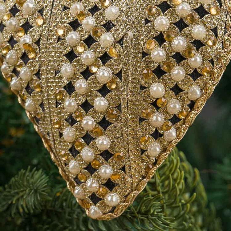 Ёлочная игрушка Чёрно-золотое сердце с жемчужинами Heart With Pearls Black Gold 12 cm