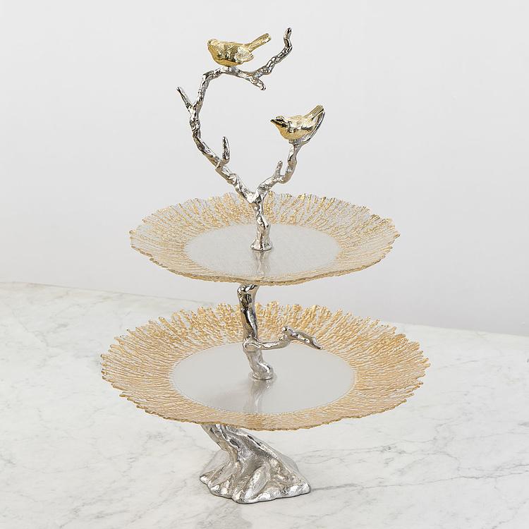 Двухуровневая сервировочная подставка с птицами и золотистым стеклом Atelier 2 Tier Plates Gold