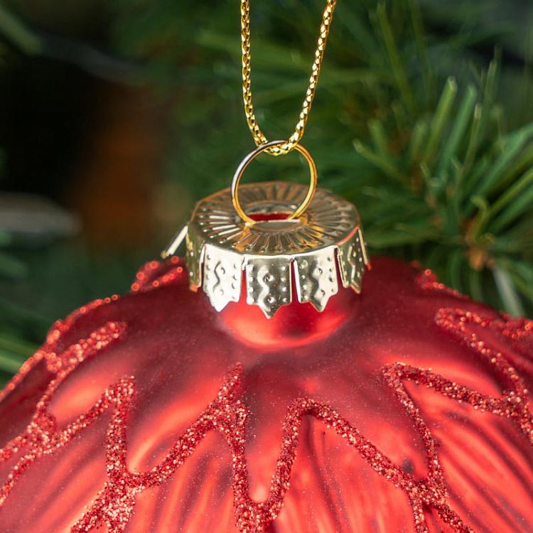 Набор из трёх красных ёлочных шаров Лепестки с блёстками Set Of 3 Glass Glitter 3D Petal Balls Red 8 cm