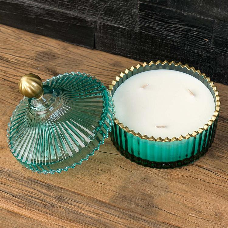 Аромасвеча в мятном рифлёном стакане Белый жасмин, L Aroma Candle In Mint Striped Glass White Jasmine Large