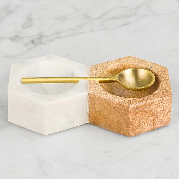 Набор для специй из мрамора и дерева манго с ложечкой Set Of 2 Salt And Pepper Marble And Mango Wood