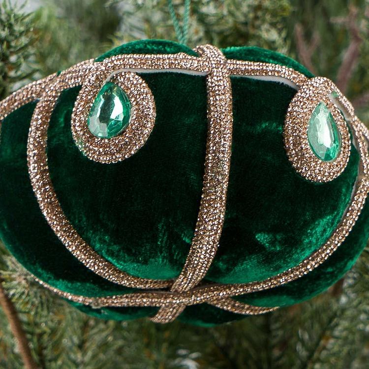 Ёлочная игрушка Зелёная тыква с орнаментом и стразами Velvet Pumpkin With Pattern And Rhinestones Green 12,5 cm
