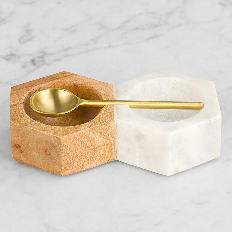 Набор для специй из мрамора и дерева манго с ложечкой Set Of 2 Salt And Pepper Marble And Mango Wood