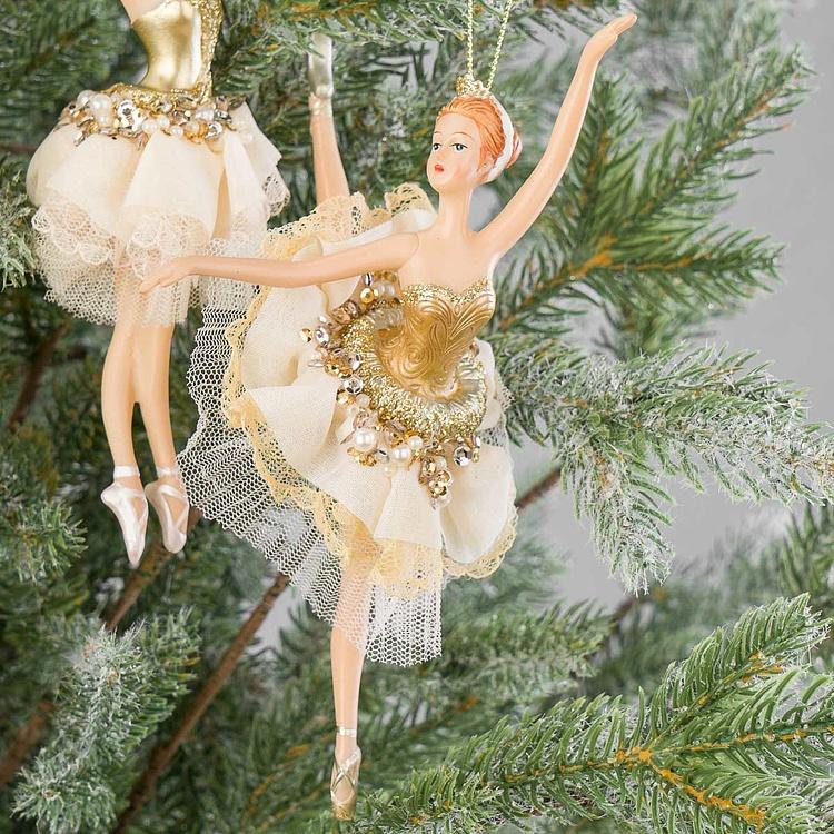 Набор из трёх ёлочных игрушек Балерины в платьях с жемчугом Set Of 3 Fabric Pearl Ballerinas White Gold 19 cm