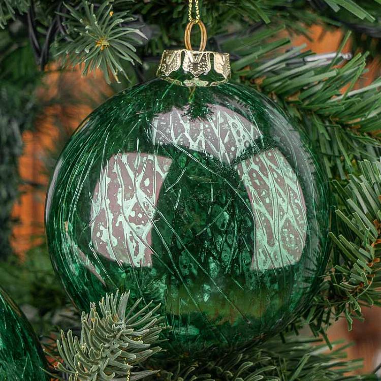 Набор из трёх зелёных металлизированных елочных шаров Скреч Set Of 3 Glass Metal Scratched Balls Green 10 cm
