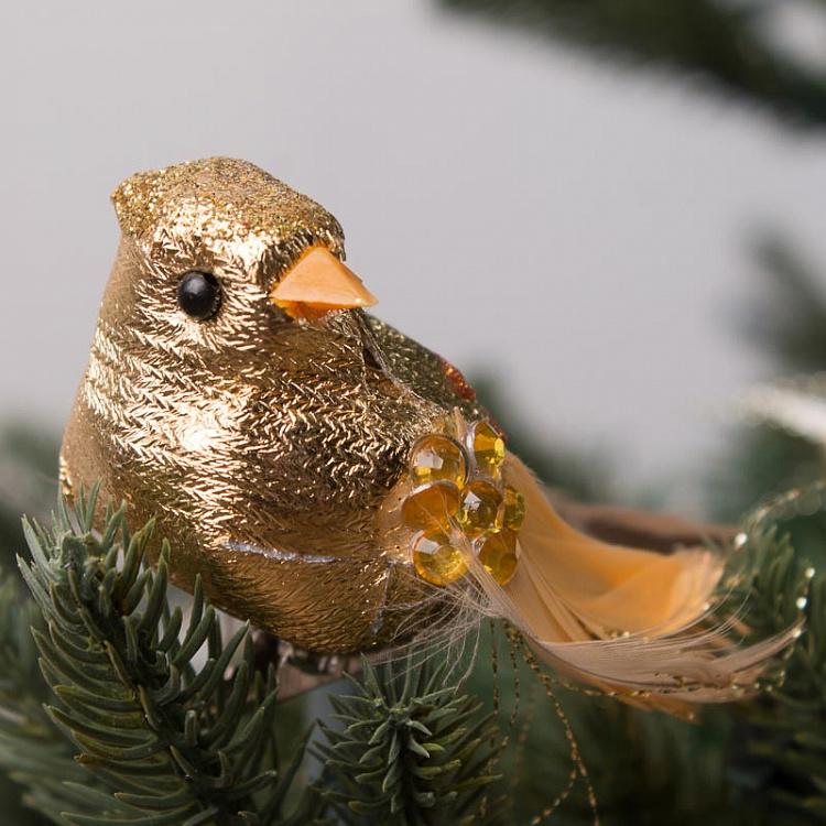 Набор из трёх ёлочных игрушек Золотые птички на прищепке Set Of 3 Jewel Birds On Clip Gold 18 cm