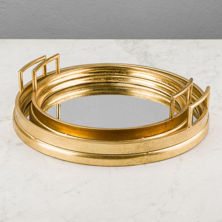 Набор из двух круглых подносов с зеркалом и ручками Set Of 2 Trays Mirror Antique Gold