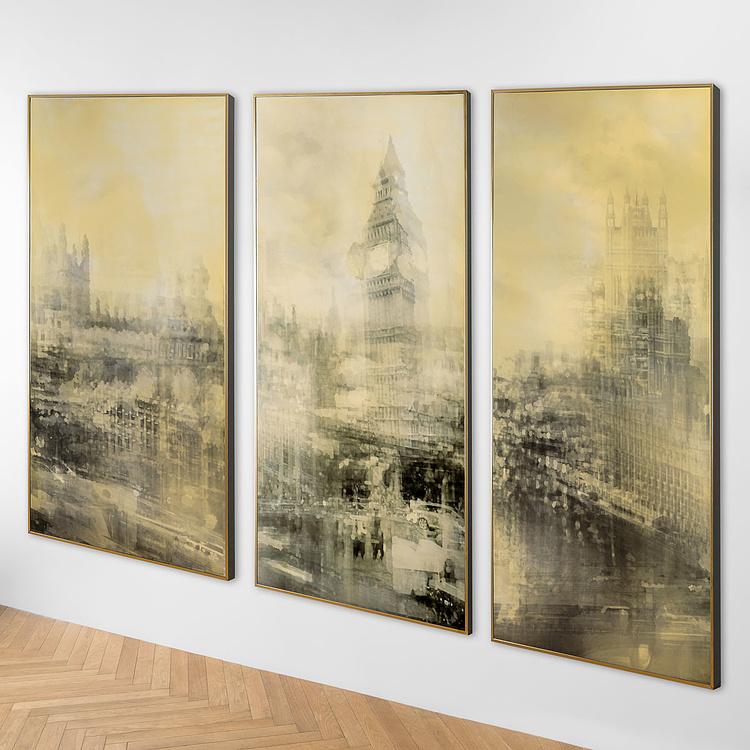 Картина-принт триптих Туманный город дисконт Set Of 3 Prints With Gold Frame Foggy City discount