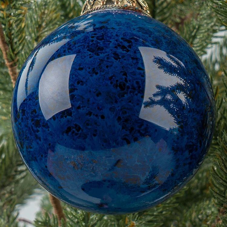 Ёлочная игрушка Синий шар с металлической верхушкой Metal Base Ball Aged Blue 10 cm