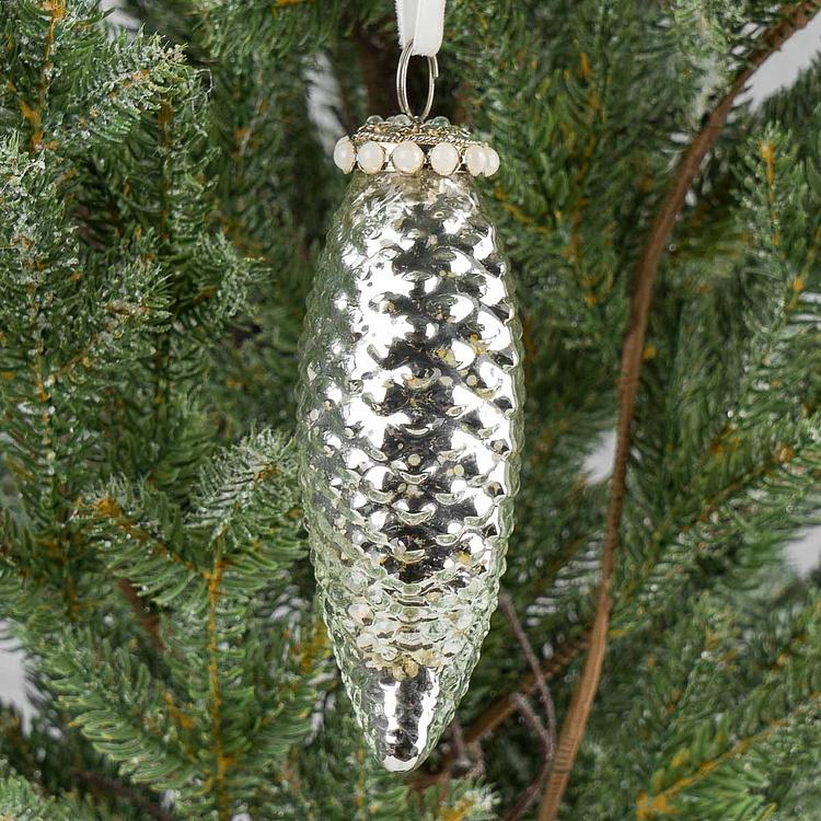 Ёлочная игрушка Серебристая шишка Glass Pine Cone Silver 15 cm