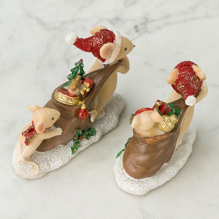 Набор из двух новогодних фигурок Мышки с мешками подарков Set Of 2 Xmas Mice With Gift Bag Brown Red White 12 cm