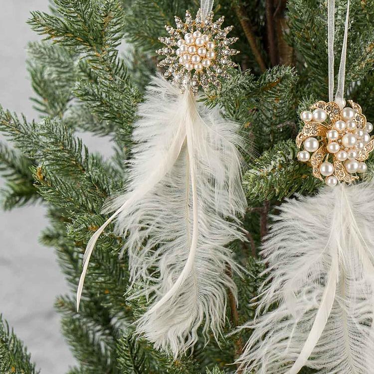 Набор из двух ёлочных игрушек из перьев Set Of 2 Plume Jewels Cream Gold 22 cm