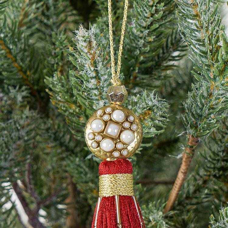 Новогодняя подвеска Красная кисточка с жемчужинами Pearl Pendant With Red Tassel 17 cm