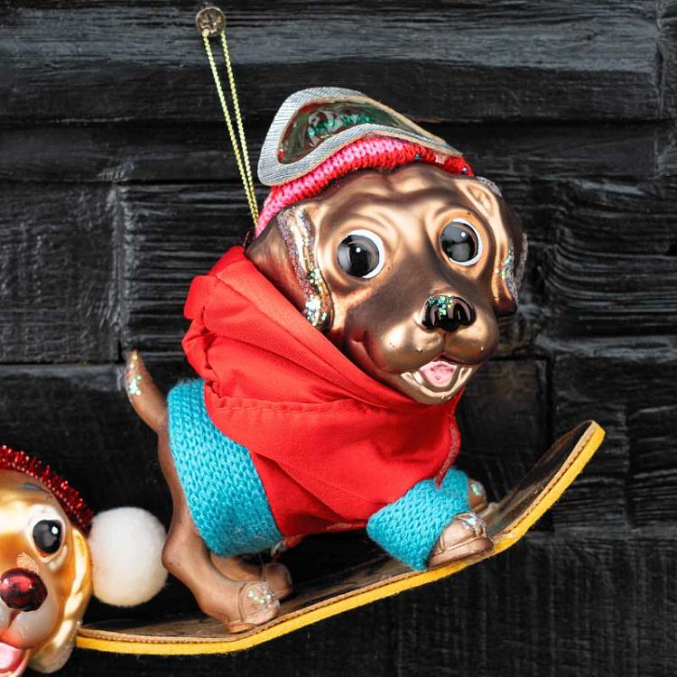 Набор из двух ёлочных игрушек Собачки на сноубордах дисконт1 Set Of 2 Glass Snowboard Dogs Brown/Red 15 cm discount1