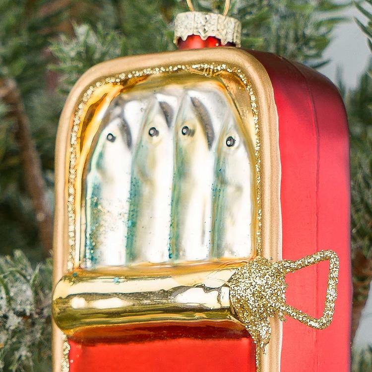 Ёлочная игрушка Банка сардин Glass Can Of Sardines Fish Gold Red 11,5 cm