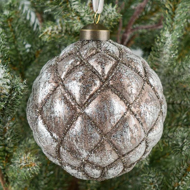Ёлочная игрушка Винтажно-серебристый шар, M Aged Multifaceted Ball Silver 10 cm