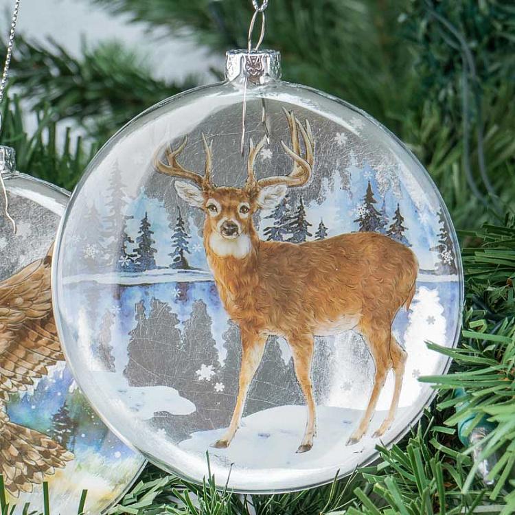 Набор из двух ёлочных игрушек Диски с оленем и совой Set Of 2 Glass Deer And Owl Disces White/Brown 11 cm