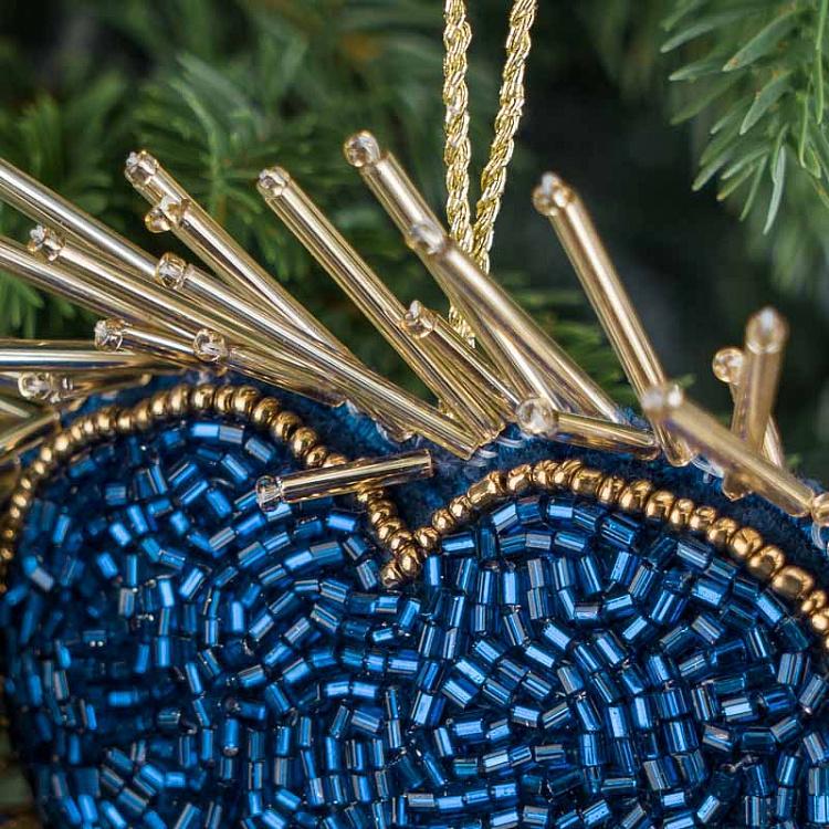 Ёлочная игрушка Синее сердце с вышивкой бисером Bead Embroidery Heart Blue 13 cm