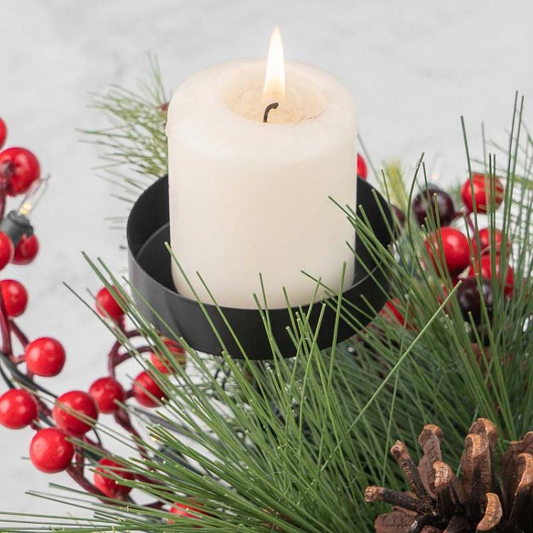 Светодиодный подсвечник-венок на батарейках с шишками и ягодами Led Lantern Metal Pine/Berry On 3 Batteries