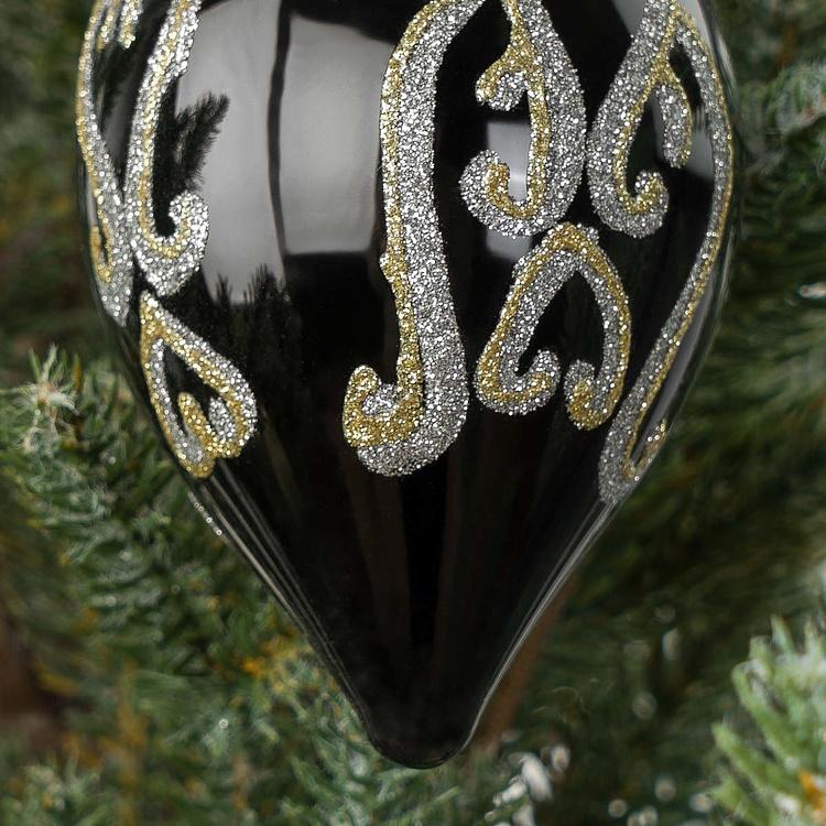 Ёлочная игрушка в форме Чёрной шишки с золотистым витиеватым узором Pattern Cone Ball Black 16 cm