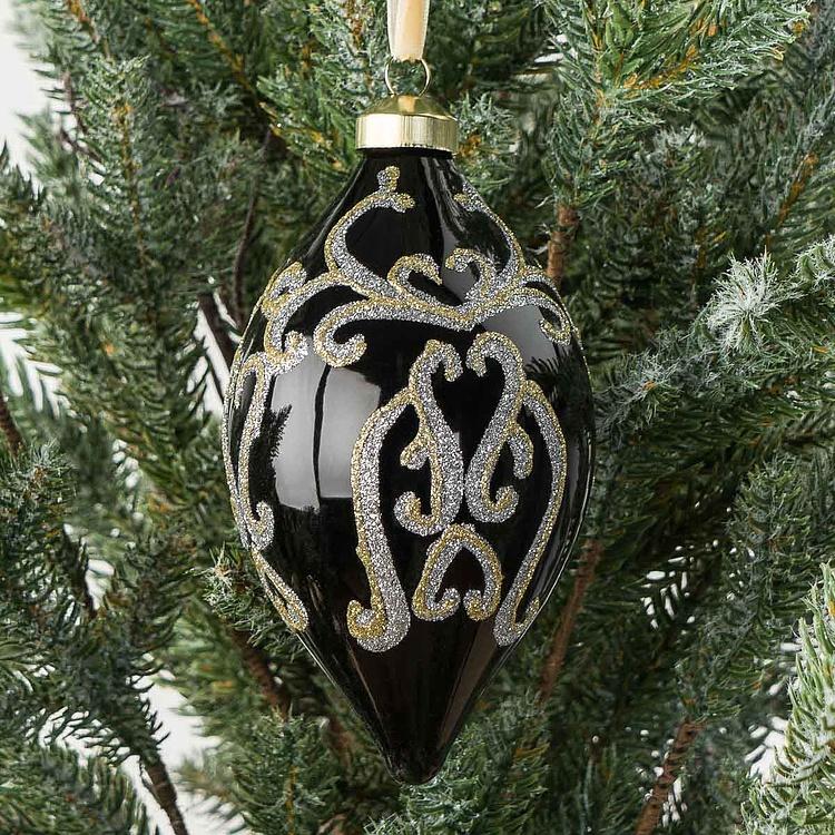 Ёлочная игрушка в форме Чёрной шишки с золотистым витиеватым узором Pattern Cone Ball Black 16 cm