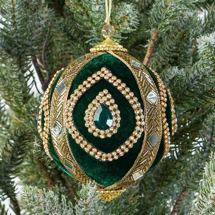 Ёлочная игрушка Зелёный шар с золотым орнаментом из страз Rhinestones Gold Ornament Ball Green 10 cm
