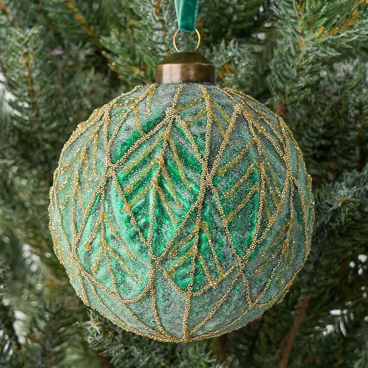 Ёлочная игрушка Зелёный шар с золотым лиственным узором Gold Pattern Ball Green 10 cm