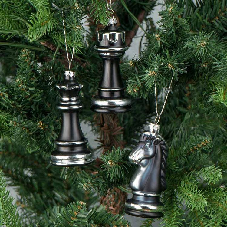 Набор из трёх стеклянных ёлочных игрушек Чёрные шахматы Set Of 3 Glass Chess Black 10 cm
