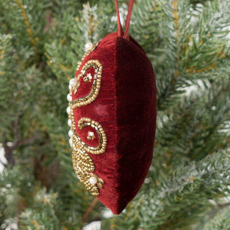 Ёлочная игрушка Красное бархатное сердце с золотистым орнаментом из бисера Bead Ornament Velvet Heart Red 10 cm