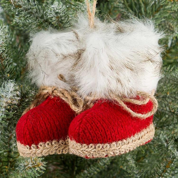 Ёлочная игрушка Валенки Деда Мороза Christmas Tree Decoration Red Boots Trimmed With Fur 12 cm