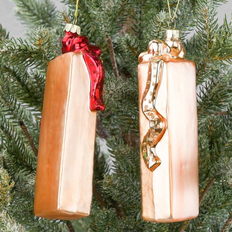 Набор из двух ёлочных игрушек Бутылки шампанского в праздничной упаковке Set Of 2 Glass Champagne Bottles Gift Box Green 16 cm