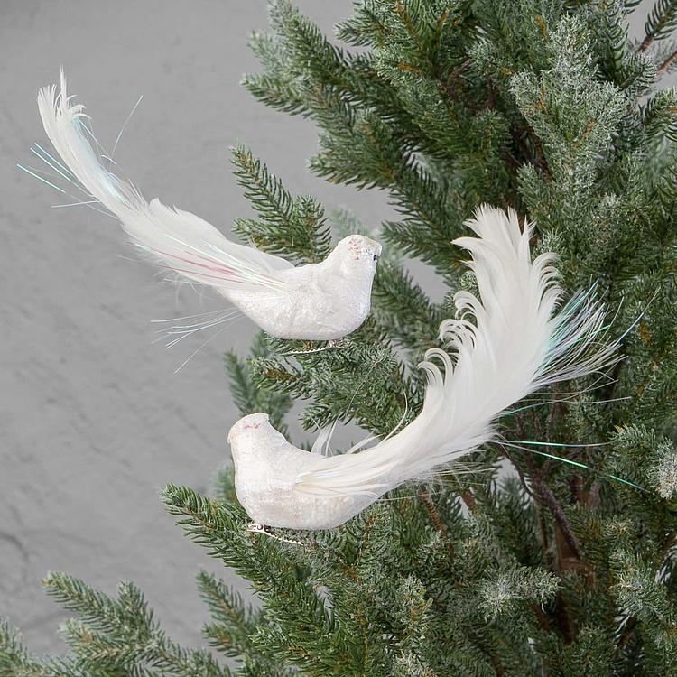 Набор из двух ёлочных игрушек на клипсе Белые птицы Set Of 2 Fabric Plume Birds On Clip White 18 cm