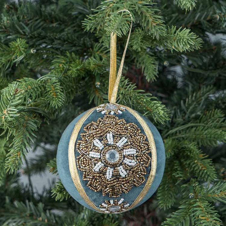 Ёлочная игрушка Синий шар с золотой вышивкой бисером Gold Beaded Ornament Ball Blue 10 cm