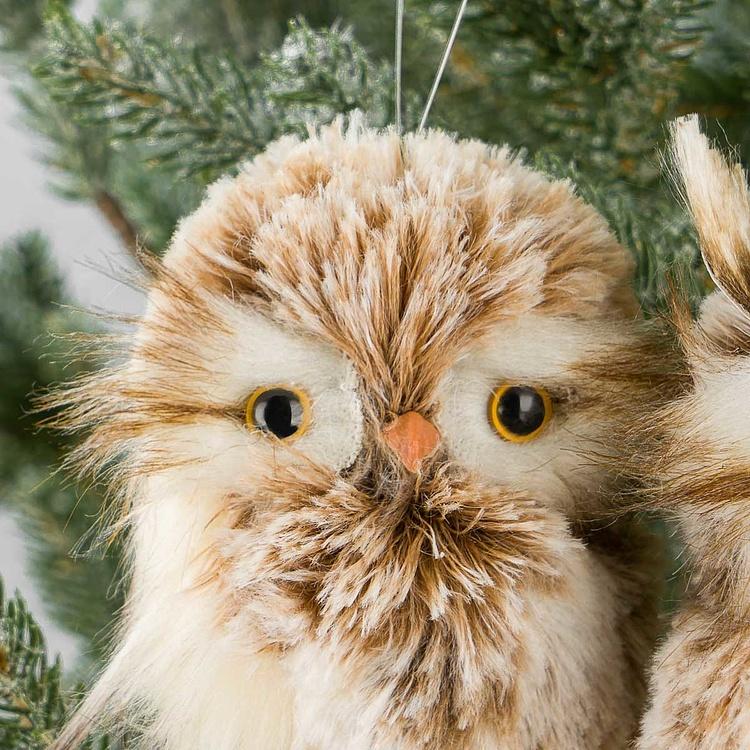 Набор из двух ёлочных игрушек Коричневые пушистые совы Set Of 2 Furry Owls Brown Cream 16 cm