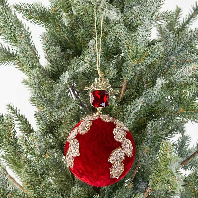 Ёлочная игрушка Красный бархатный шар с золотой аппликацией и бусиной Gold Applique And Bead Velvet Ball Red 15 cm